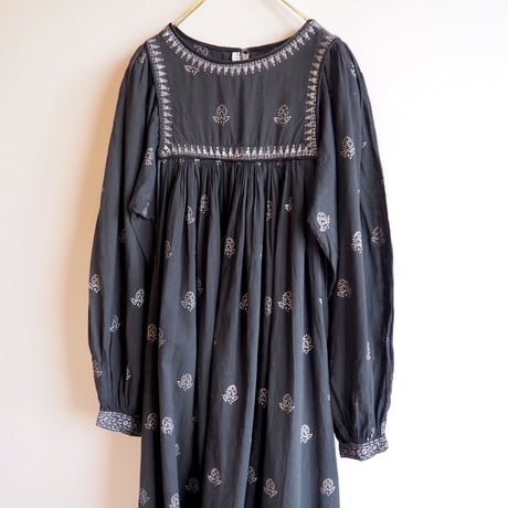 70s block print volume sleeve cotton maxi dress