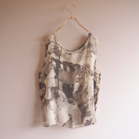 vintage photo print sheer sleeveless tops & midi skirt set