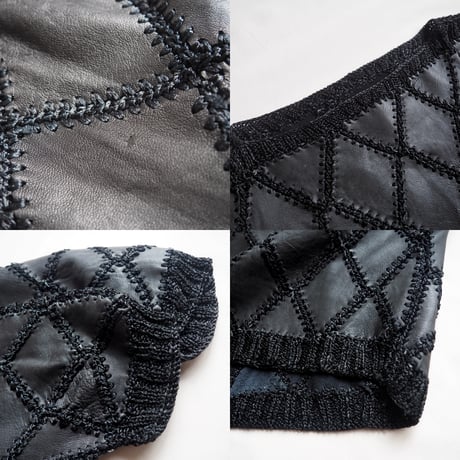 vintage leather × crochet patchwork tops & skirt
