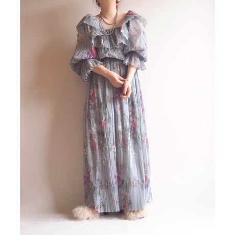 70s semi sheer pleated floral maxi dress