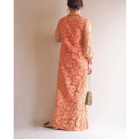 60〜70s coral pink lace maxi dress