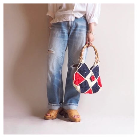 vintage tricolore color granny knit bag
