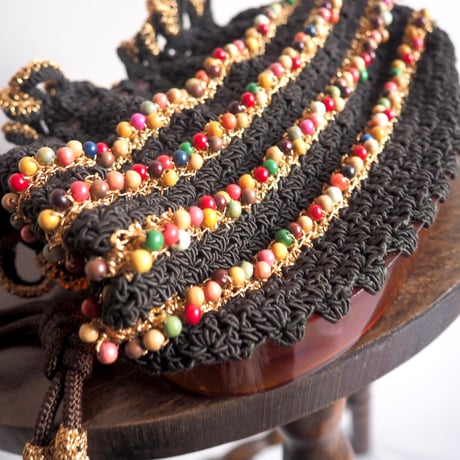40〜50s wood beads× lucite drawstring woven bag (black)