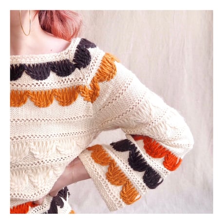 70s boho scallop square neck sweater