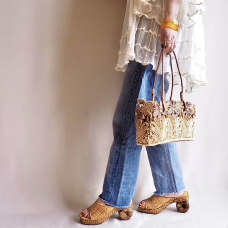 70〜80s straw floral bag