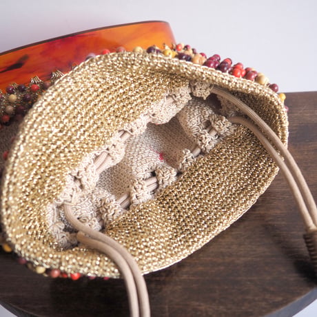 40〜50s wood beads× lucite drawstring woven bag (beige)