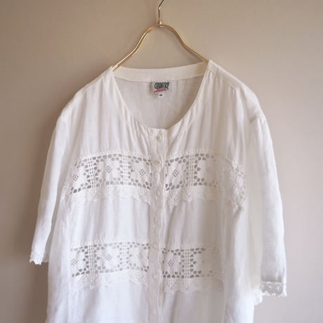 80〜90s folk linen floral crochet blouse