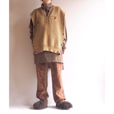 90s knit × leather design poncho vest