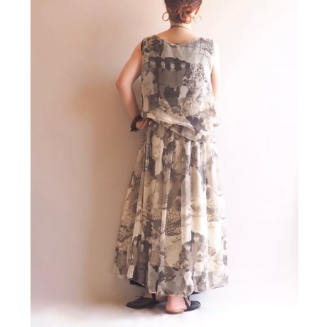 vintage photo print sheer sleeveless tops & midi skirt set