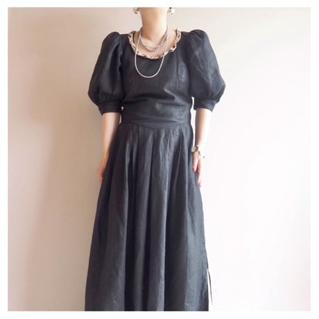70〜80s folk linen puff sleeve maxi dress