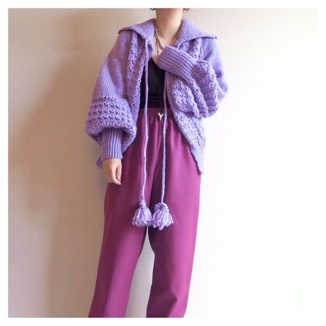 60〜70s  hand knitted balloon sleeve cardigan