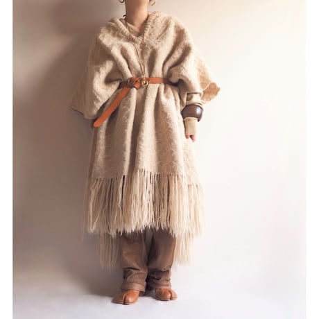 vintage beige knit fringe poncho