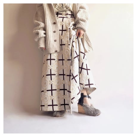 60〜70s metallic floral wrap maxi skirt