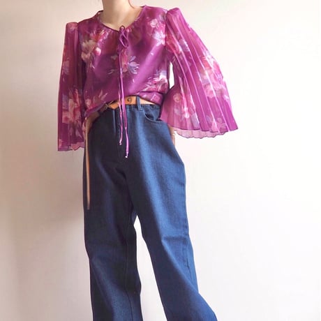 vintage pleated sleeve floral sheer blouse