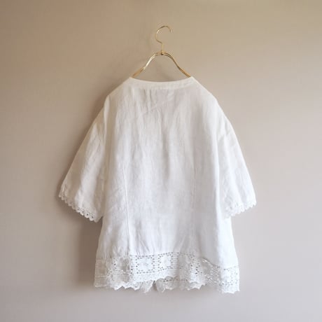 80〜90s folk linen floral crochet blouse