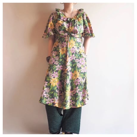 70s〜 s/s floral ruffle midi dress