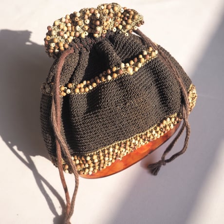 40〜50s wood beads× lucite drawstring woven bag