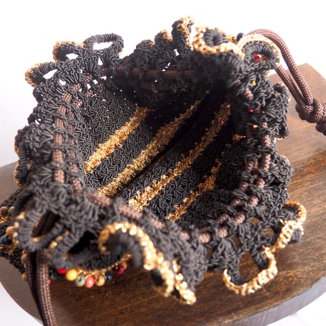 40〜50s wood beads× lucite drawstring woven bag (black)