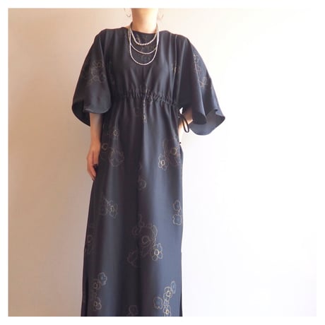 70s "Ann Hodge for Millicent" floral drawstring maxi dress