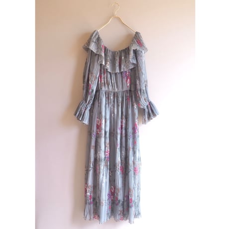 70s semi sheer pleated floral maxi dress