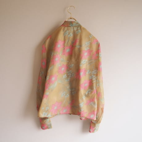70s floral semi sheer bow collar blouse