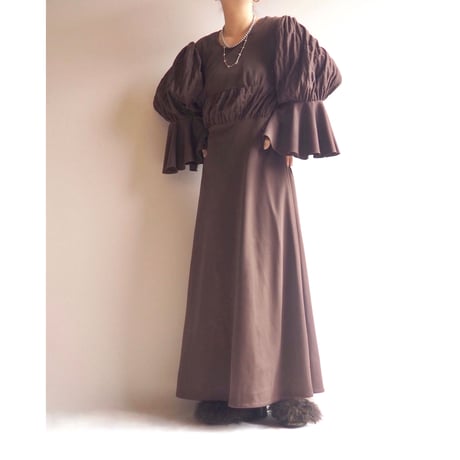 70s brown design sleeve maxi dress