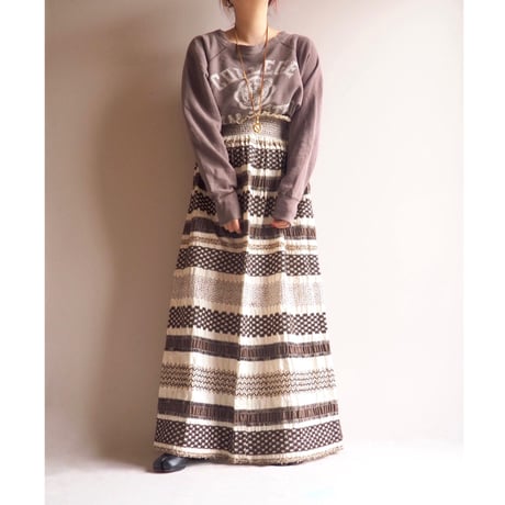 70s boho shirring embroidered maxi skirt