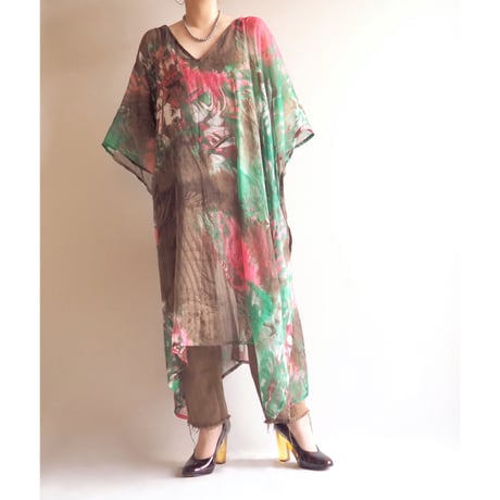 vintage abstract print sheer kaftan dress