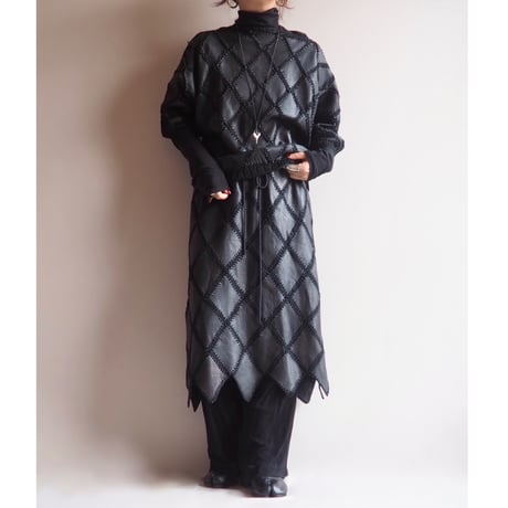 vintage leather × crochet patchwork tops & skirt
