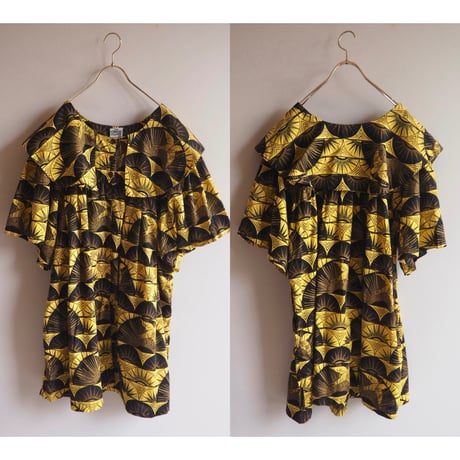 "The African Village" big collar tunic dress & skirt (YE×BK)