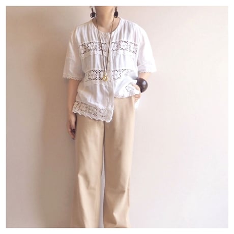 80〜90s folk linen floral crochet blouse