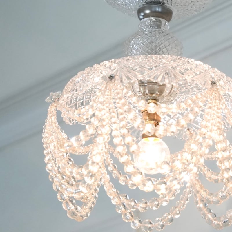 ヴィンテージ ペンダントランプ/クリスタルガラスとビーズ/フランス/モロッコ ヴィンテージ Vianne社エッチングガラスシェードのペンダントランプ