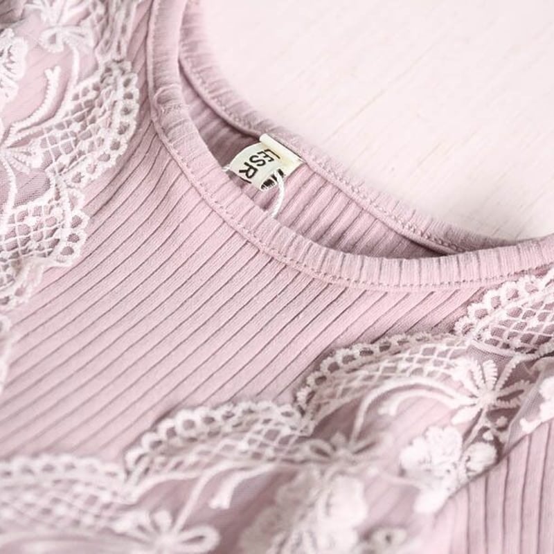 即納】上品なレースのお嬢様ワンピース ♡.° ピンク グレー 長袖