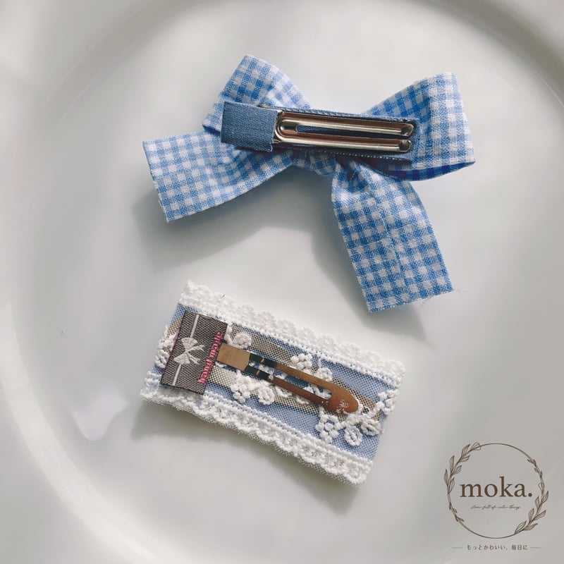 即納】ギンガムチェックリボンのクリップとレースのパッチンピンの
