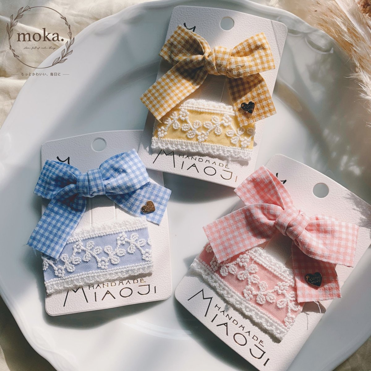 即納】ギンガムチェックリボンのクリップとレースのパッチンピンの