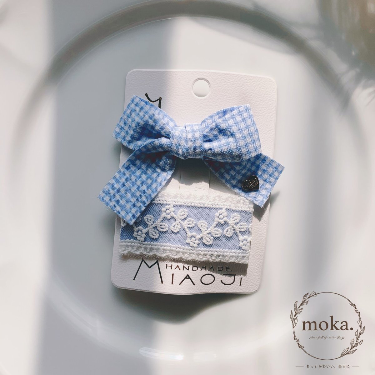 即納】ギンガムチェックリボンのクリップとレースのパッチンピン