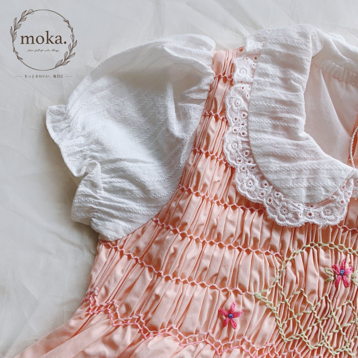 【ハンドメイド】スモッキングワンピース 残90sizeのみ/即納】刺繍が可愛い୨♡୧ベビーピンクの