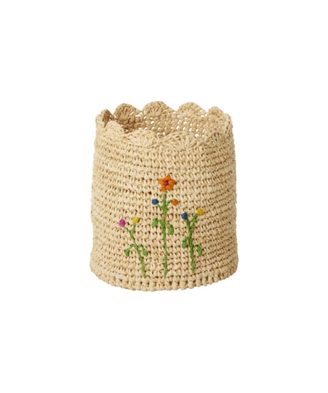 ラフィアかぎ針編み小物入れ　フラワー刺繍　/　rice