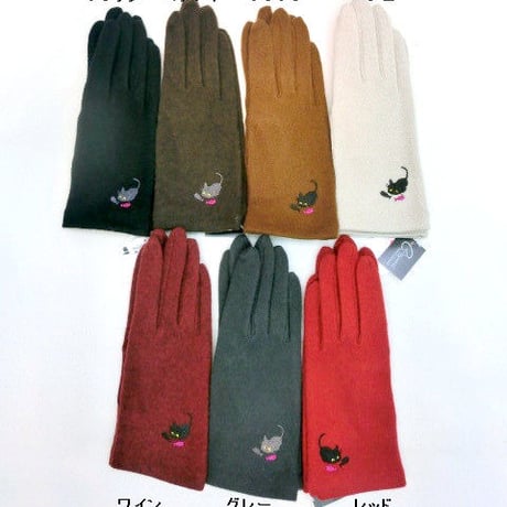アンゴラ混ネコ・サカナ刺繍手袋　型番FZGL00010