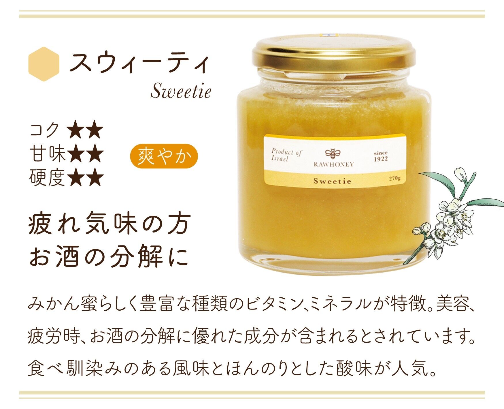RAW HONEY Sweetie 140g 生はちみつ 3個セット スウィーティハニー/みかん蜜〈S size_140g〉~Raw Honey~ | 自然のはち