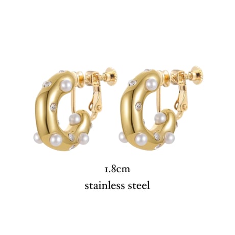 C-shaped chunky pearl zircon earrings gold  316L