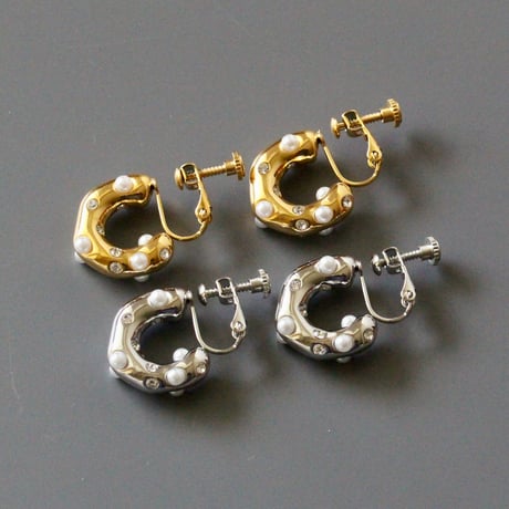 C-shaped chunky pearl zircon earrings silver  316L