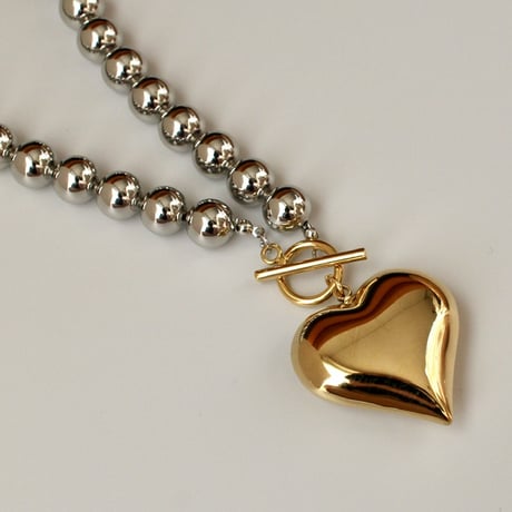 Ball chain  big heart charm necklace 40cm combi 304L