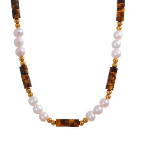 Fresh pearl tigereye necklace gold 316L