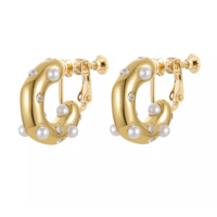 C-shaped chunky pearl zircon earrings gold  316L