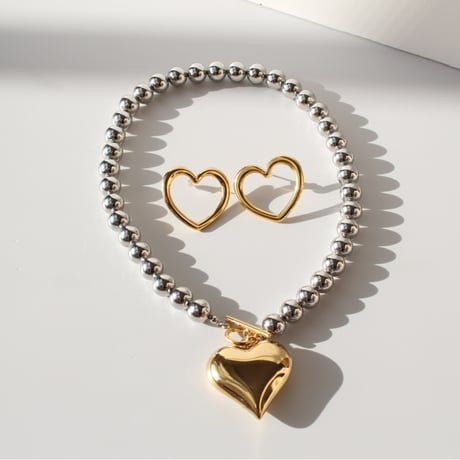 Ball chain  big heart charm necklace 40cm combi 304L