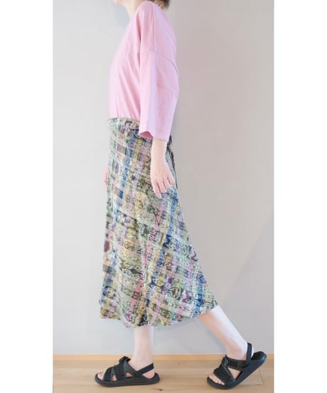 コルテスカートL/カラフル絣/ピンク四角刺繍入2351