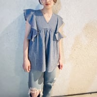 【i∀ri 】 Light blue check frill shirt
