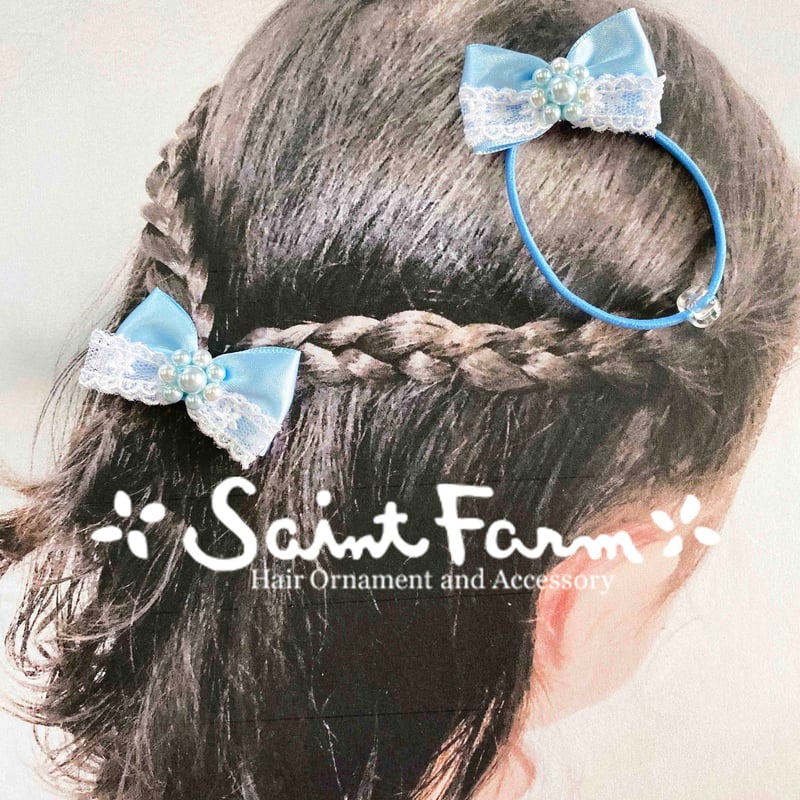 確認　たらりんヘアリボン ヘアゴム　596　ミントブルー　レース　入学式 ぷちヘアゴム】ブルー 白レースリボン 2個セット | RyuRyu-bon