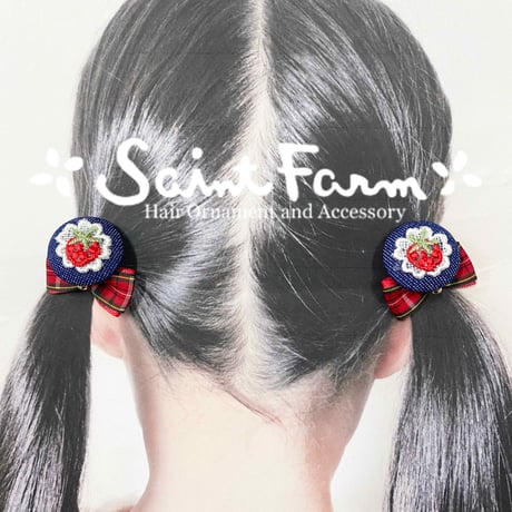 いちごデニムボタンヘアゴム